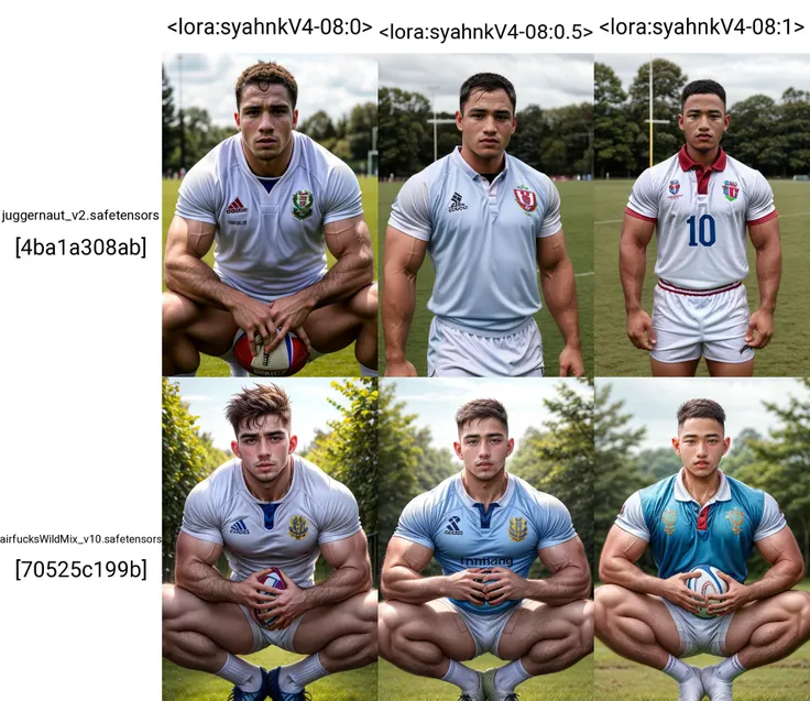 masterpiece, best quality, highres, realistic, handsome, photogenic, big muscles,<lora:syahnkV4-08:0>, syahnk as( a 20 years old man, (chav,pecs),muscular male,(wearing long white socks), looking at viewer, (best quality, masterpiece, high res, hdr:1.2), detailed face, upper body, (sweaty),(wearing rugby uniform),sweaty, 5 fingers ,bokeh) ,<lora:add_detail:1>