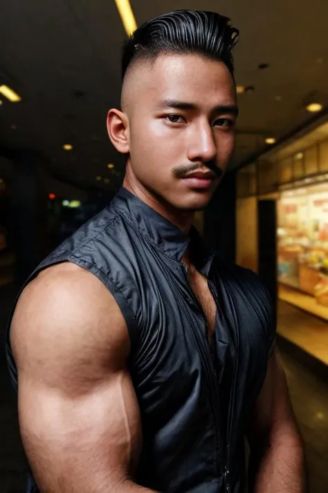 masterpiece, best quality, highres, realistic, handsome, photogenic, <lora:syahnkV4-08:.9>, syahnk, as (a portrait of a handsome muscular man with mustache,'5 o'clock shadow, pompadour hairstyle, standing in a mall, intricate lighting, dramatic lighting, realistic photograph,epic) ,<lora:add_detail:1.5>,