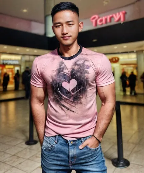 masterpiece, best quality, highres, realistic, handsome, photogenic, <lora:syahnkV4-08:1>, syahnk, as (handsome fuckboy, confident smirk, looking at viewer, torn jeans, (huge biceps), (skin tight pink heart t-shirt), induction cut, buzzcut, black hair, stubble head, (shopping mall background), intricate detail, HDR, octane, 8k) ,<lora:add_detail:1.5>,