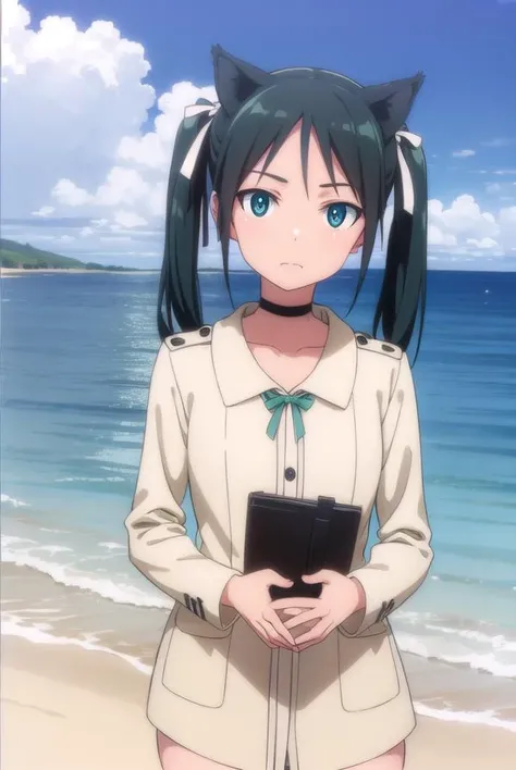 francescalucchini, <lora:francesca lucchini anime-lora-nochekaiser:1>,
francesca lucchini, black hair, ribbon, animal ears, twintails, (green eyes:1.3), hair ribbon, choker, fang, cat ears, cat girl,
BREAK uniform, military, military uniform,
BREAK outdoors, ship, ocean, sun, sky, clouds,
BREAK looking at viewer, (cowboy shot:1.5),
BREAK <lyco:GoodHands-beta2:1>, (masterpiece:1.2), best quality, high resolution, unity 8k wallpaper, (illustration:0.8), (beautiful detailed eyes:1.6), extremely detailed face, perfect lighting, extremely detailed CG, (perfect hands, perfect anatomy),