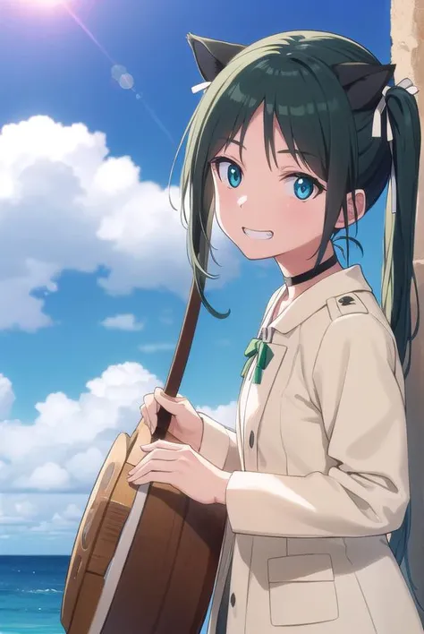 francescalucchini, <lora:francesca lucchini anime-lora-nochekaiser:1>,
francesca lucchini, black hair, ribbon, animal ears, twintails, (green eyes:1.3), hair ribbon, choker, fang, cat ears, cat girl, smile, grin,
BREAK uniform, military, military uniform,
BREAK outdoors, ship, ocean, sun, sky, clouds,
BREAK looking at viewer, (cowboy shot:1.5),
BREAK <lyco:GoodHands-beta2:1>, (masterpiece:1.2), best quality, high resolution, unity 8k wallpaper, (illustration:0.8), (beautiful detailed eyes:1.6), extremely detailed face, perfect lighting, extremely detailed CG, (perfect hands, perfect anatomy),
