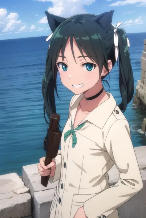francescalucchini, <lora:francesca lucchini anime-lora-nochekaiser:1>,
francesca lucchini, black hair, ribbon, animal ears, twintails, (green eyes:1.3), hair ribbon, choker, fang, cat ears, cat girl, smile, grin,
BREAK uniform, military, military uniform,
BREAK outdoors, ship, ocean, sun, sky, clouds,
BREAK looking at viewer, (cowboy shot:1.5),
BREAK <lyco:GoodHands-beta2:1>, (masterpiece:1.2), best quality, high resolution, unity 8k wallpaper, (illustration:0.8), (beautiful detailed eyes:1.6), extremely detailed face, perfect lighting, extremely detailed CG, (perfect hands, perfect anatomy),