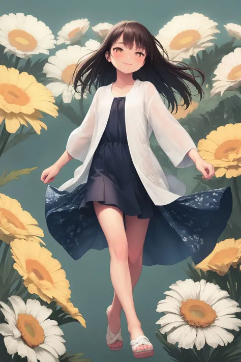full body, solo, 1girl, looking afar, smile, blush, flat chest, bright, Achillea \(flower\), floral background <lora:Kase_Daiki_style_v05:1>