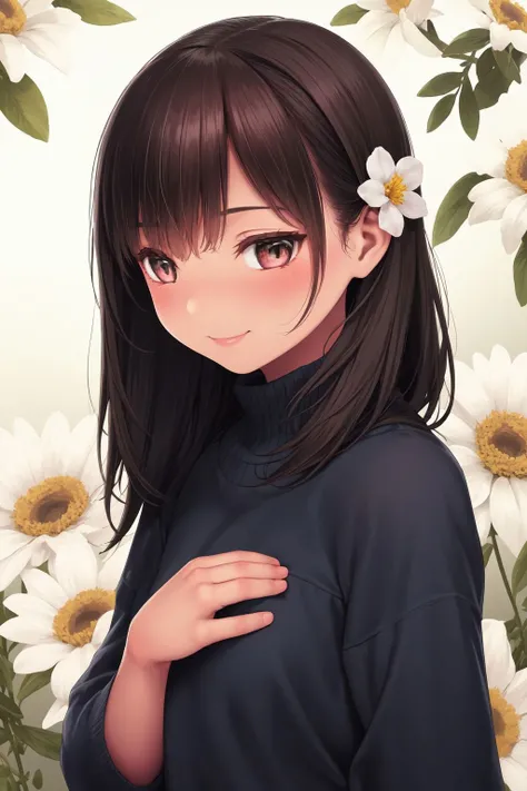 upper body, solo, 1girl, looking away, smile, blush, flat chest, no light, Boxwood African \(flower\), floral background <lora:Kase_Daiki_style_v05:1>