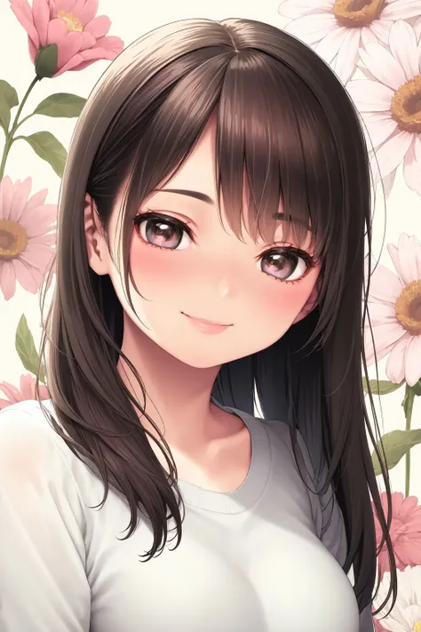 portrait, solo, 1girl, looking up, smile, blush, small breasts, sidelighting, Anconitum \(flower\), floral background <lora:Kase_Daiki_style_v05:1>