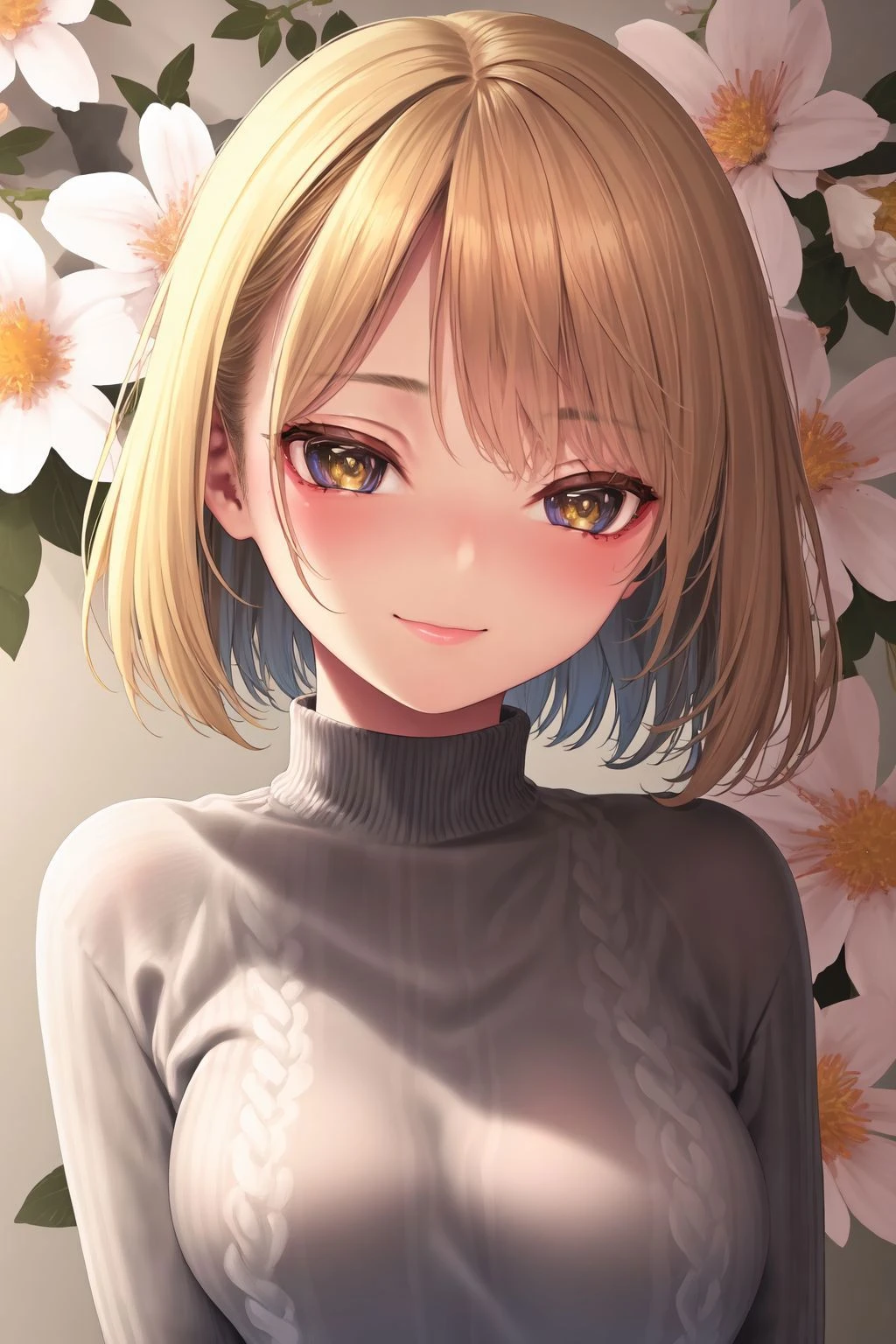 portrait, solo, 1girl, looking at viewer, smile, blush, medium breasts, yellow hair, messy hair, orange ribbed sweater, glttering light, Salix \(flower\), floral background <lora:kase_daiki_style_v06:1>