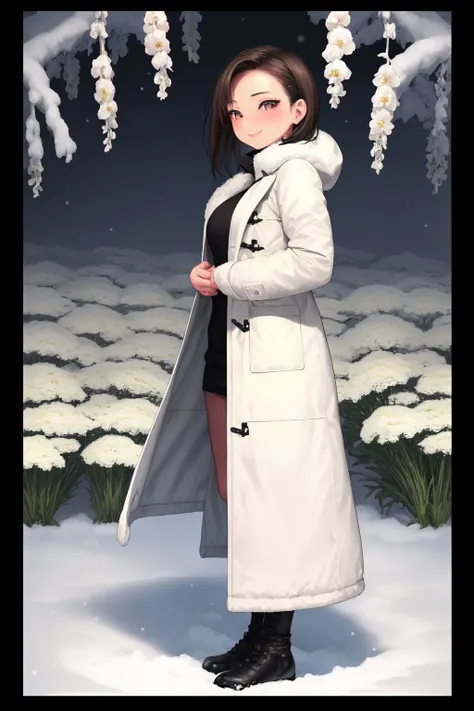 full body, solo, 1girl, looking at another, smile, blush, medium breasts, dark brown hair, hair slicked back, white winter coat, no light, Common_Yarrow \(flower\), floral background <lora:kase_daiki_style_v06:1>