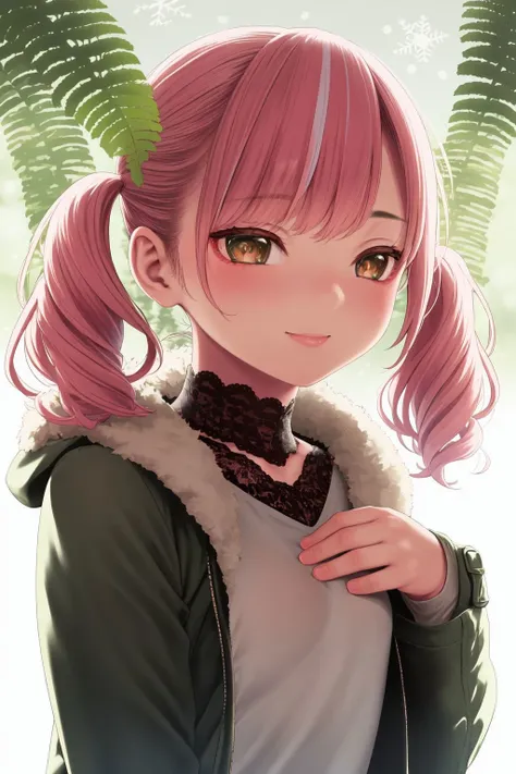 portrait, solo, 1girl, looking up, smile, blush, flat chest, pink hair, short twintails, dark green winter coat, backlighting, Lace_fern \(flower\), floral background <lora:kase_daiki_style_v06:1>