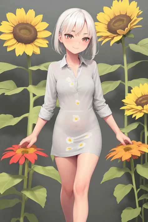 full body, solo, 1girl, looking afar, smile, blush, medium breasts, white hair, flattop, light grey dress shirt, day, Helianthus_annuus \(flower\), floral background <lora:kase_daiki_style_v06:1>