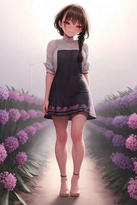 full body, solo, 1girl, looking ahead, smile, blush, medium breasts, light brown hair, braid, dark purple tabard, foggy atmosphere, Waxflower \(flower\), floral background <lora:kase_daiki_style_v06:1>