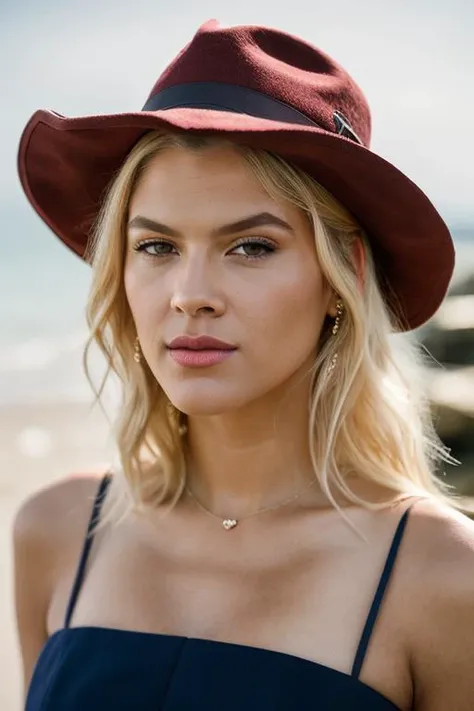 Realistic photo of a beautiful 4nn4n1c0l3-v2 woman, 1girl, solo, long hair, looking at viewer, blonde hair, hat, brown eyes, lips, portrait, realistic, soft lighting, professional Photography, Photorealistic, detailed, RAW, analog, sharp focus, 8k, HD, DSLR, high quality, Fujifilm XT3, film grain, award winning, masterpiece<lora:4nn4n1c0l3-v2:1.0>