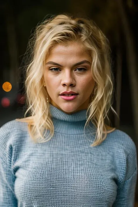 Realistic photo of a beautiful 4nn4n1c0l3-v2 woman, 1girl, solo, long hair, looking at viewer, (((blonde hair))), brown eyes, closed mouth, blurry, sweater, lips, blurry background, turtleneck, portrait, realistic, soft lighting, professional Photography, Photorealistic, detailed, RAW, analog, sharp focus, 8k, HD, DSLR, high quality, Fujifilm XT3, film grain, award winning, masterpiece<lora:4nn4n1c0l3-v2:1.0>