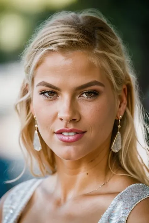 Realistic photo of a beautiful 4nn4n1c0l3-v2 woman, 1girl, solo, long hair, blonde hair, jewelry, earrings, parted lips, teeth, mole, blurry, lips, depth of field, blurry background, portrait, freckles, realistic, mole on cheek, soft lighting, professional Photography, Photorealistic, detailed, RAW, analog, sharp focus, 8k, HD, DSLR, high quality, Fujifilm XT3, film grain, award winning, masterpiece<lora:4nn4n1c0l3-v2:1.0>