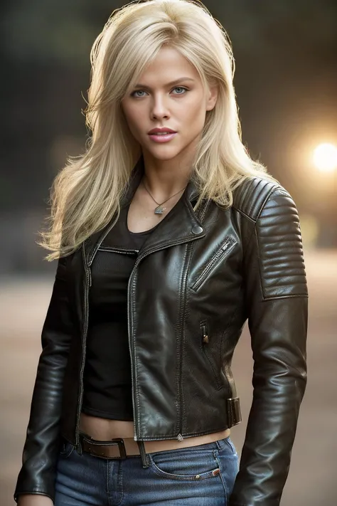 Realistic photo of 4nn4n1c0l3-v2, blonde, wilde hair, leather jacket, upper body,  realistic, hard light, Photorealistic, detailed, 8k, HD, high quality, 
 <lora:4nn4n1c0l3-v2:1>