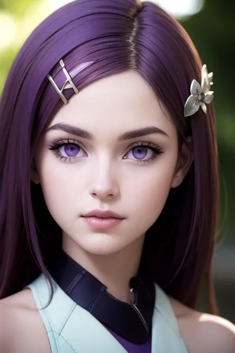photorealistic, (4k), depth of field, (Masterpiece), (realistic skin texture), extremely detailed, intricate, hyper detailed, high resolution, professional photography, , depth of field, sharp detail, best quality, , 1girl, solo, <lora:ange_synduality_noir:1>, ange_synduality_noir, purple hair, purple eyes, , hair ornament, , , aztec,