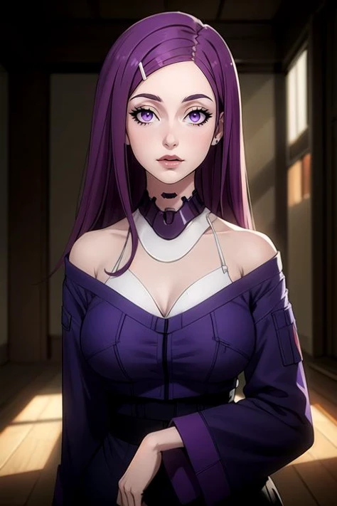 (masterpiece, Highest quality), Intricate details, thin, ((slim)), beautiful girl, Purple Hair, Blunt bangs, Light purple eyes, Sharp jawline, Her white coat is open, exposing her breasts and seducing her., Long Hair, lips, Upper Body, close, Grin