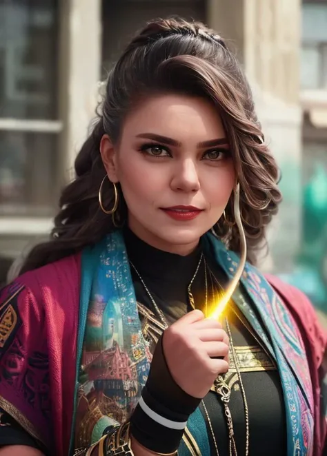 photo of a hefty Thunderer (asli_enver:1.1) , the Woman is Creepy, =, light, concept art, art by Sophie Anderson, Pixar, film grain, Sony A7, Selective focus, triadic colors, dynamic composition, <lora:asli_enver-step00000480:1>