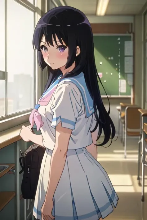 best quality, masterpiece, highres, solo, {kousaka_reina_soundeuphonium:1.15}, black_hair, long_hair, purple_eyes, blush, bangs, closed_mouth, serafuku, blurry, 1girl, kitauji_high_school_uniform, sailor_collar, school_uniform, anime_coloring, blue_sailor_collar