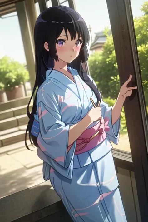 best quality, masterpiece, highres, solo, {yukata:1.40}, {kimono:1.20}, {kousaka_reina_soundeuphonium:1.15}, black_hair, long_hair, purple_eyes, blush, bangs, closed_mouth, serafuku, blurry