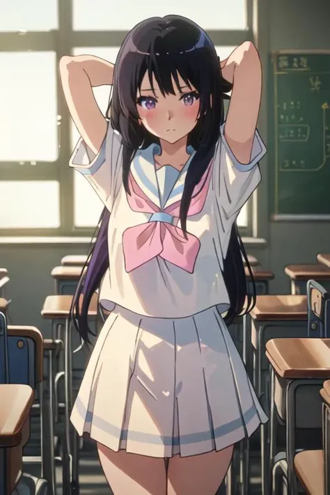 best quality, masterpiece, highres, solo, {kousaka_reina_soundeuphonium:1.15}, black_hair, long_hair, purple_eyes, blush, bangs, closed_mouth, serafuku, blurry, 1girl, blue_sailor_collar, kitauji_high_school_uniform, neckerchief, sailor_collar, school_uniform, shirt, white_shirt, pink_neckerchief, blurry_background, indoors, looking_at_viewer, window, expressionless, short_sleeves
