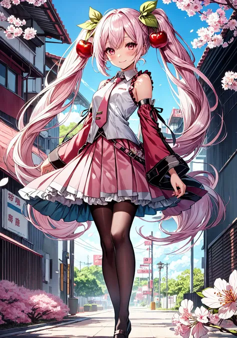 masterpiece, best quality, ultra-detailed, illustration, an extremely delicate and beautiful, (five fingers),
1girl, solo, light smile,
<lora:flat2:-0.2>,<lora:add_detail:0.5>,<lora:hipoly_3dcg_v7-epoch:0.3:NF>,<lora:epi_noiseoffset2:1>,
 <lora:Sakura_Miku:1>,Sakura Miku,cherry,cherry blossoms,cherry_ornament,food-themed ornament,cherry_blossom print,shiny hair,cute,kawaii,fancy shot,Pink theme,white_pantyhose,pink tie,pink necktie,necktie,pleated skirt,pink sleeves,detached sleeves, wide sleeves,light pink hair,pink eyes,twintails,pink skirt,
cherry blossom festival,full body,