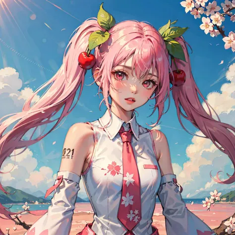(masterpiece, best quality:1.25), 1girl, solo, <lora:Sakura_Miku-10:1>, pink hair, pink eyes, twintails, food-themed ornament, cherry_ornament, ((cherry_blossom print)), sleeveless, sleeveless shirt, detached sleeves, white shirt, pink necktie, petals, pink skirt, <lora:epiNoiseoffset_v2:1>, rim light, (white_pantyhose), tattoo, bare_shoulders, pink theme, upper body, close-up, cowboy shot,