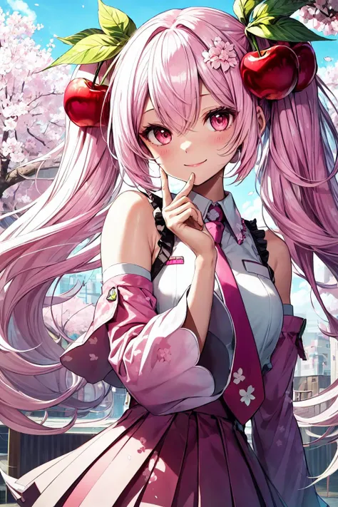 high resolution,detailed, best quality, ultra-detailed, illustration, an extremely delicate and beautiful, Beautiful Finger,(five fingers),
1girl, solo, light smile,
<lora:add_detail:0.6>,<lora:hipoly_3dcg_v7-epoch:0.3:NF>,<lora:epi_noiseoffset2:1>,
 <lora:Sakura_Miku:1>,Sakura Miku,cherry,cherry blossoms,cherry_ornament,food-themed ornament,cherry_blossom print,shiny hair,cute,kawaii,fancy shot,Pink theme,white_pantyhose,pink tie,pink necktie,necktie,pleated skirt,pink sleeves,detached sleeves, wide sleeves,light pink hair,pink eyes,twintails,pink skirt,
cherry blossom festival,upper body,