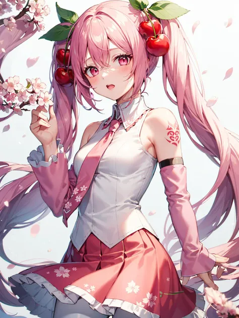 1girl, solo,, pink hair, pink eyes, twintails, food-themed ornament, cherry_ornament, ((cherry_blossom print)), sleeveless, sleeveless shirt, detached sleeves, white shirt, pink necktie, petals, pink skirt, <lora:epiNoiseoffset_v2:1>, rim light, white_pantyhose, tattoo, bare_shoulders, pink sleeves, shoulder tattoo, <lora:Sakura_Miku-10:1>