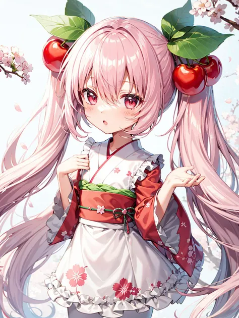 1girl, solo, light pink hair, pink eyes, twintails, very long hair, food-themed ornament, cherry_ornament, ((cherry_blossom print)), (kimono/herry_blossom print), <lora:epiNoiseoffset_v2:1.25>, rim light, (white_pantyhose), Sakura Miku, forest, shiny hair, <lora:Sakura_Miku-09:0.85>, cowboy shot, kawaii, fancy_shot, (chibi_style:1.2), shiny_eyes,