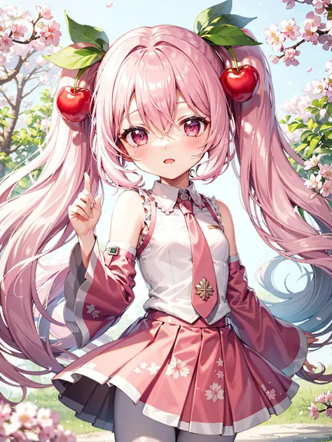 1girl, solo, light pink hair, pink eyes, twintails, food-themed ornament, cherry_ornament, ((cherry_blossom print)), necktie, pink necktie, dress shirt, detached sleeves, wide sleeves, pink sleeves, very wide shot, ((pink skirt)), pleated skirt, <lora:epiNoiseoffset_v2:1.25>, rim light, (white_pantyhose), Sakura Miku, forest, shiny hair, aged down, <lora:Sakura_Miku-09:1>, cowboy shot, kawaii, fancy_shot, (chibi_style:1.2),