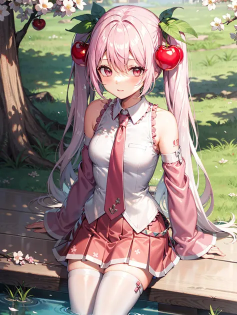 1girl, solo, pink hair, pink eyes, twintails, food-themed ornament, cherry_ornament, ((cherry_blossom print)), necktie, pink necktie, dress shirt, detached sleeves, wide sleeves, pink sleeves, very wide shot, ((pink skirt)), pleated skirt, <lora:epiNoiseoffset_v2:1.25>, rim light, white_pantyhose, Sakura Miku, forest, shiny hair, aged down, sitting, sitting on box, <lora:Sakura_Miku-09:1>, cowboy shot, kawaii, tie clip,