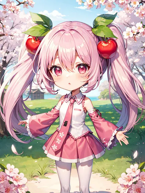 1girl, solo, light pink hair, pink eyes, twintails, food-themed ornament, cherry_ornament, ((cherry_blossom print)), necktie, pink necktie, dress shirt, detached sleeves, wide sleeves, pink sleeves,  very wide shot, ((pink skirt)), pleated skirt, <lora:epiNoiseoffset_v2:1.25>, rim light, (white_pantyhose), Sakura Miku, forest, shiny hair, aged down, <lora:Sakura_Miku-09:0.85>, cowboy shot, kawaii, fancy_shot, (chibi_style:1.2), shiny_eyes,