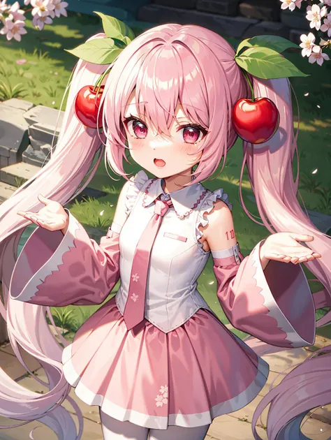 1girl, solo, light pink hair, pink eyes, twintails, food-themed ornament, cherry_ornament, ((cherry_blossom print)), necktie, pink necktie, dress shirt, detached sleeves, wide sleeves, pink sleeves, very wide shot, ((pink skirt)), pleated skirt, <lora:epiNoiseoffset_v2:1.25>, rim light, (white_pantyhose), Sakura Miku, forest, shiny hair, aged down, <lora:Sakura_Miku-09:0.85>, cowboy shot, kawaii, fancy_shot, (chibi_style:1.2), shiny_eyes, pastel colors, thicker_lineart,