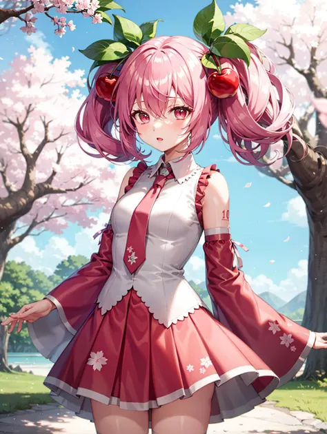 1girl, solo, light pink hair, pink eyes, twintails, food-themed ornament, cherry_ornament, ((cherry_blossom print)), necktie, pink necktie, dress shirt, detached sleeves, wide sleeves, pink sleeves, very wide shot, ((pink skirt)), pleated skirt, <lora:epiNoiseoffset_v2:1.25>, rim light, white_pantyhose, Sakura Miku, forest, shiny hair, aged down, <lora:Sakura_Miku-09:1>, cowboy shot, kawaii, <lora:Cinnamiku-01:0.65>, hair rings,