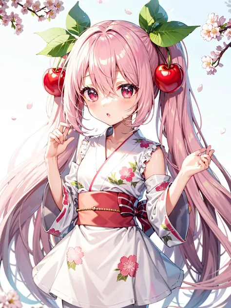 1girl, solo, light pink hair, pink eyes, twintails, very long hair, food-themed ornament, cherry_ornament, ((cherry_blossom print)), (yukata/herry_blossom print), <lora:epiNoiseoffset_v2:1.25>, rim light, (white_pantyhose), Sakura Miku, forest, shiny hair, <lora:Sakura_Miku-09:0.85>, cowboy shot, kawaii, fancy_shot, (chibi_style:1.2), shiny_eyes,