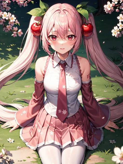 1girl, solo, pink hair, pink eyes, twintails, food-themed ornament, cherry_ornament, ((cherry_blossom print)), necktie, pink necktie, dress shirt, detached sleeves, wide sleeves, pink sleeves, very wide shot, ((pink skirt)), pleated skirt, <lora:epiNoiseoffset_v2:1.25>, rim light, white_pantyhose, Sakura Miku, forest, shiny hair, aged down, wariza, <lora:Sakura_Miku-09:1>, white footwear, cowboy shot,