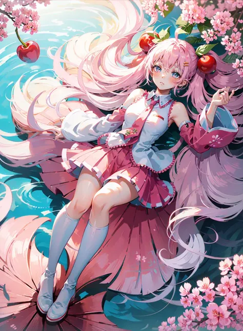 (masterpiece:1.2), (best quality:1.4), cute quality, cowboy shot, reflection, nice environment, full body, 1girl, solo, cutie, best quality, sakura miku, very cute UwU, pink theme, pink hair, (long_hair), twintails, ahoge, (pink eyes), cherry hair ornament,((food-themed_ornament)), leaf_hair_ornament, bare shoulders,pink necktie (cherry blossom print:1.25), floral print, pink sleeves, pink skirt, (collared shirt), frilled shirt, detached sleeves, pink thighhighs, <lora:Sakura_Miku-09:1>, white footwear,