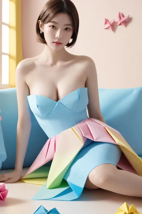 <lora:Outfit_OrigamiBallGown:0.7>, dr3ss, (pastel yellow blue pink), (multicolored dress), (origami), best quality, masterpiece, illustration, realistic, photo-realistic, amazing, finely detail, incredibly absurdres, huge filesize, ultra-detailed, highres, extremely detailed CG unity 8k wallpaper, nsfw, (nude:1.2), close-up,  A young Korean woman with an innocent doll-like face and fair skin sits wearing a colorful origami strapless dress made of folded pastel yellow, blue and pink papers. She has short hair in the same pastel colors styled in an ombré look. The short dress has multilayered folded details on the skirt. She sits closer to the camera looking straight with her big bright eyes and rosy cheeks. She is indoor with brightly painted walls and monochrome colored furniture behind her.