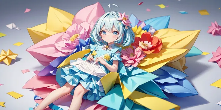 (masterpiece,ultra-detailed,best quality,8K,illustration,shaved:1.2),(petite girl:1.0) <lora:add_detail:1.0>, <lora:Outfit_OrigamiBallGown:0.6> dr3ss, (pastel yellow blue pink), (multicolored dress), (origami),confetti,(paper flower:1.2),sea