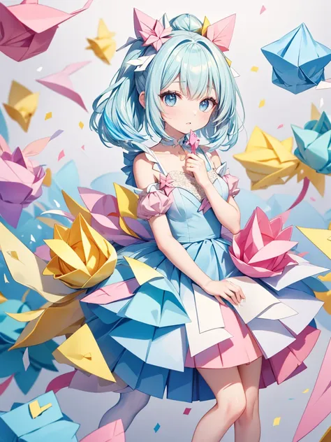 (masterpiece,ultra-detailed,best quality,8K,illustration,shaved:1.2),(petite girl:1.0) <lora:add_detail:1.0>, <lora:Outfit_OrigamiBallGown:0.6> dr3ss, (pastel yellow blue pink), (multicolored dress), (origami),confetti,Paper cranes,orizuru