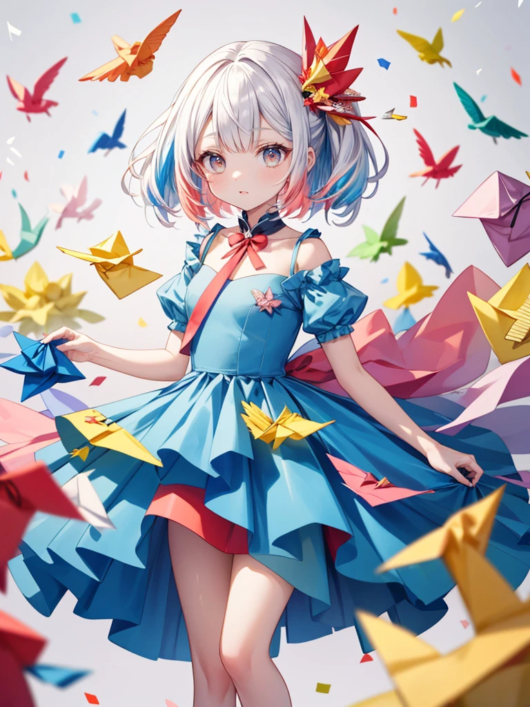 (masterpiece,ultra-detailed,best quality,8K,illustration,shaved:1.2),(ite girl:1.0) <lora:add_detail:1.0>, <lora:Outfit_OrigamiBallGown:0.6> dr3ss, (dark yellow blue red), (multicolored dress), (origami),confetti,(Paper cranes:1.2)