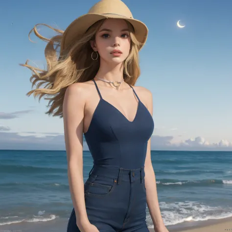 RAW, (masterpiece, best quality, photorealistic, absurdres, 8k:1.2),  best lighting, complex pupils, detailed background, moonlight, moon, stars, upper body:1.1, Slim body:1.4, Long hair, blonde, in the beach
1girl, cowboy shot, solo, wearing a corsert, standing, shiny skin, highly detailed skin, Red chocker,  <lora:mollylittle-01:0.7>