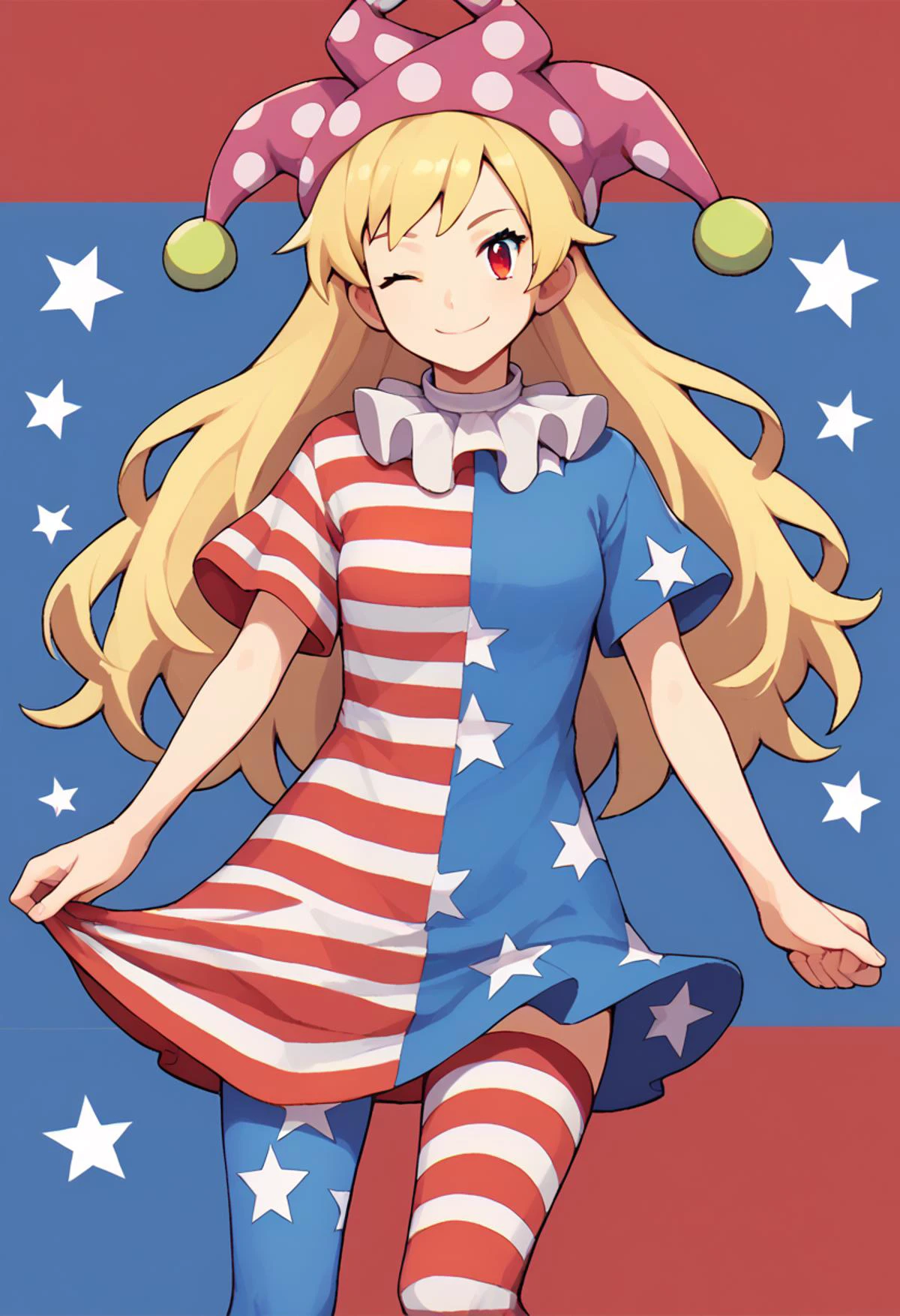 score_9, score_8_up, score_8, score_9, 1 girl, source_anime, <lora:clownpiece_pony-10:1>, jester cap, neck ruff, blonde hair, american flag legwear, american flag dress, clownpiece, red eyes, long hair, detailed background, short sleeves, one eye closed, <lora:KJA5:0.8>