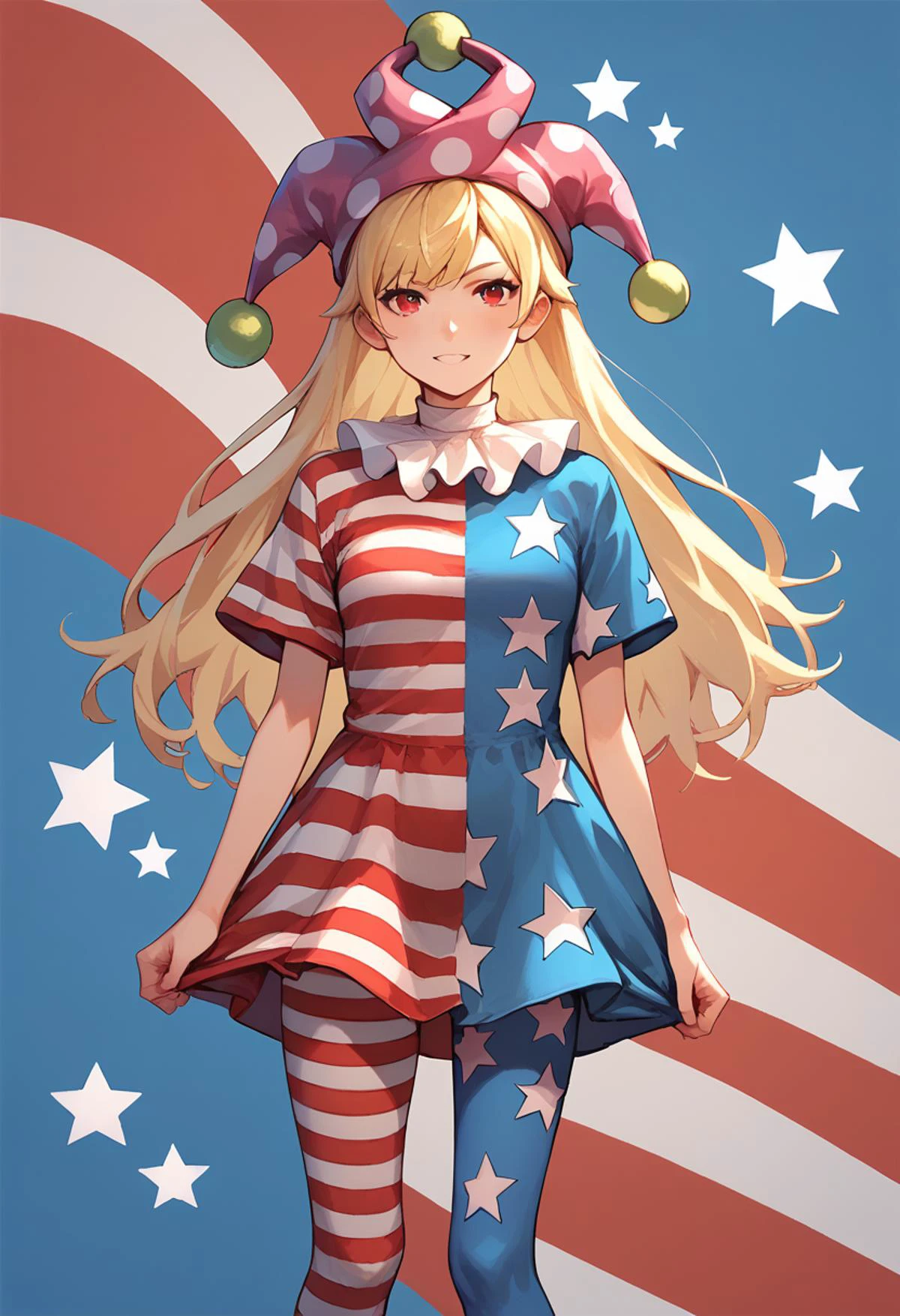 score_9, score_8_up, score_8, score_9, 1 girl, source_anime, <lora:clownpiece_pony-10:1>, jester cap, neck ruff, blonde hair, american flag legwear, american flag dress, clownpiece, red eyes, long hair, detailed background, short sleeves, <lora:Smooth Anime 2 Style SDXL_LoRA_Pony Diffusion V6 XL:0.8>