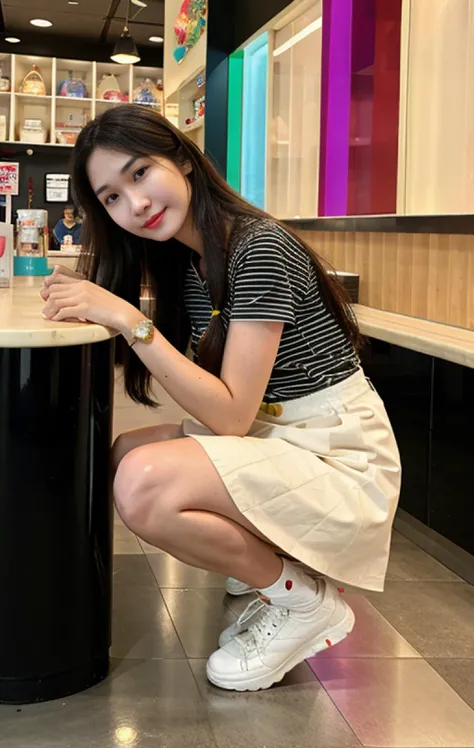 ice_cream_girl a woman with long hair in ice cream shop, big breast, black stripe shirt, ((cream skirt)), hands behind, squatting, closeup <lora:ice_cream_girl:0.6>