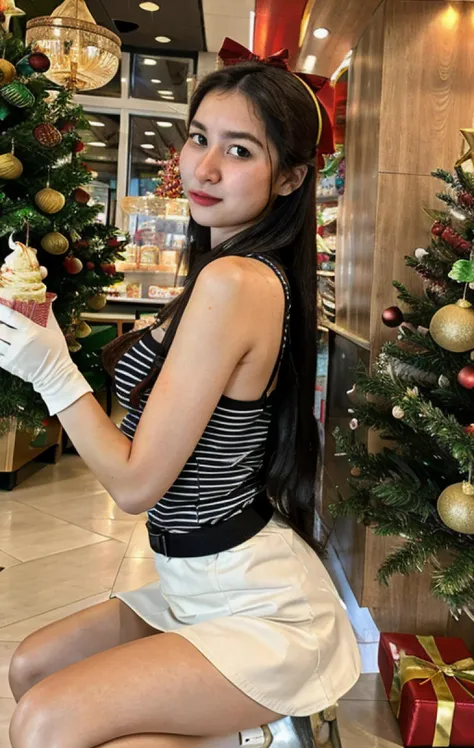 ice_cream_girl a woman with long hair in ice cream shop, big breast, black stripe swimsuit, hands behind, squatting, closeup, white glove, Lift Skirt, Christmas tree, hold ice cream <lora:ice_cream_girl:0.7>