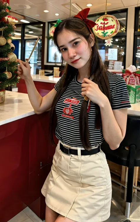 ice_cream_girl a woman with long hair in ice cream shop, big breast, black stripe shirt, ((short cream skirt)), hands behind, squatting, closeup, white glove, Christmas tree, hold ice cream <lora:ice_cream_girl:0.7>
