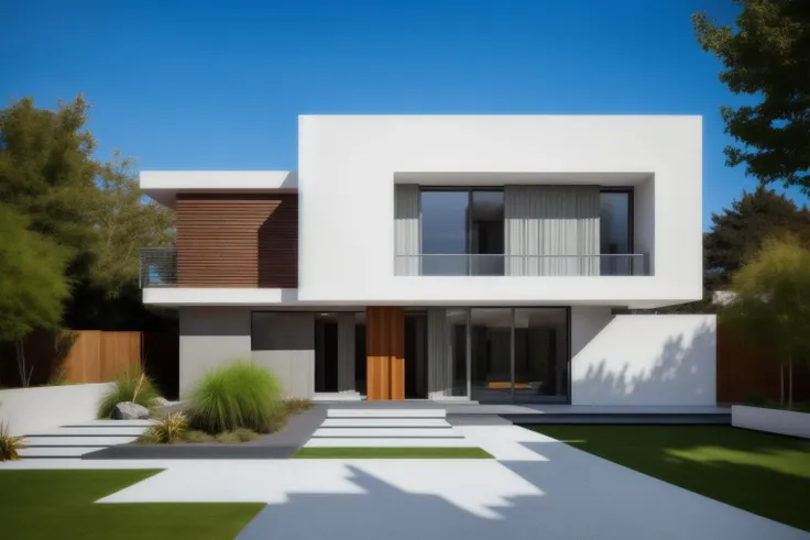 front view,building,house,glass,window,white wall,outdoors,day,blue sky,tree,grass,rock,pavement,plant,lighting,stairs,real,(realistic),photo realistic,architecture photography,highly detailed,(masterpiece),(high quality),best quality,super detailed,full detail,4k,8k,