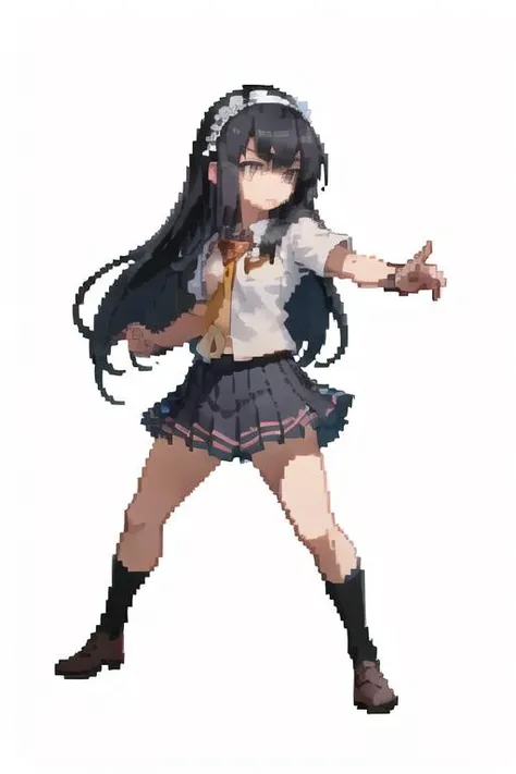 1girl, full body, fighting stance, <lora:suomi:1>hair decorations, hairband, pixel, school uniform, long hair, black hair, <lora:pixel_f2:0.5>