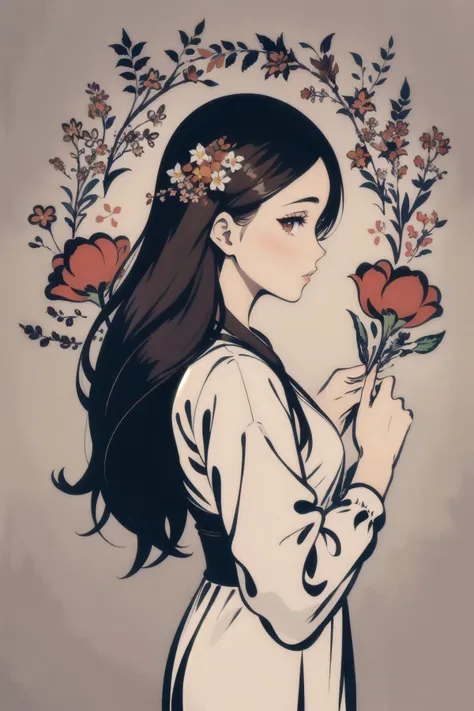 best quality,absurdres,masterpiece,1girl,(looking at viewer:1.3),(reaching:1.3),reanching flowers,solo,xxmingirl,profile,long hair,branch,peach bloom,hanfu,dress,long sleeves,white dress,lips,black hair,brown hair,see-through,flower,parted lips,upper body,lineart dancer,<lora:Fisher_lineart dancer æ²çº¿èè:0.8>,